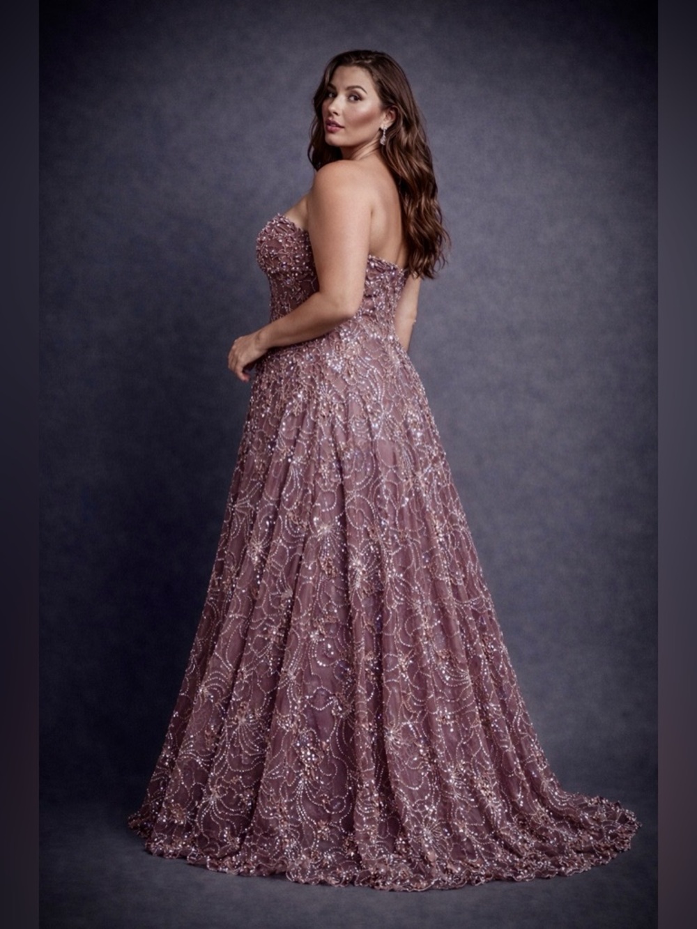 Jovani | Mauve Embellished Strapless Ball Gown Floral Sequin Overlay - Picture 5 of 7